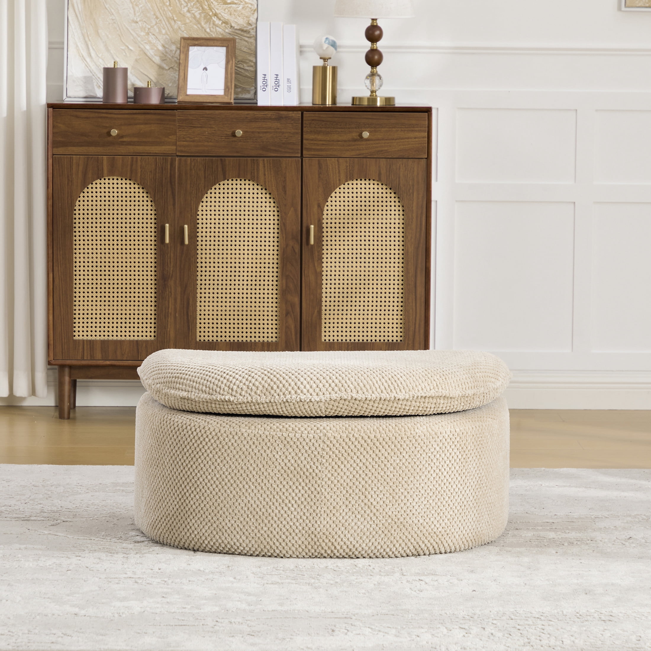 GDF Studio 34.45-Inch Moon-Shaped Footstool Ottoman with Pineapple Lattice Fabric, Taupe