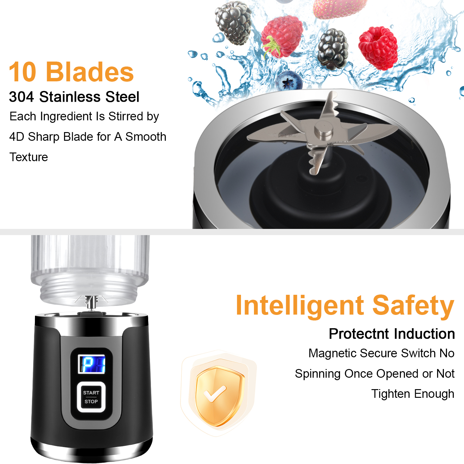 Portable Blender for Shakes and Smoothies,500mL HopePow Kitchen USB Rechargeable Shaker Juicer Blender 10 Sharp Stainless Steel Blades Cordless Personal Portable Small Blender for Smoothies,Kitchen