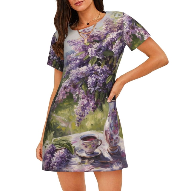 Easygdp Lilacs Teapot Scenic Painting Camisón de manga corta para mujer, informal, estampado