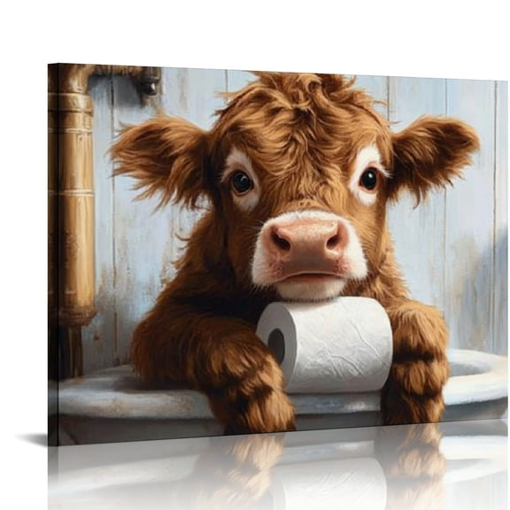 Patifu Cow Bathroom Decor Highland Cow Wall Art Cute Highland cow Wall Decor Animals Prints Pictures Bathroom Canvas Painting Modern Decorations Artwork for Bathroom Toilet 20x16in