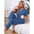 thumbnail image 3 of DARING DIVA Satin Pajamas Silky Short Sleeve V Neck Shirt Long Pant Set L Blue, 3 of 7