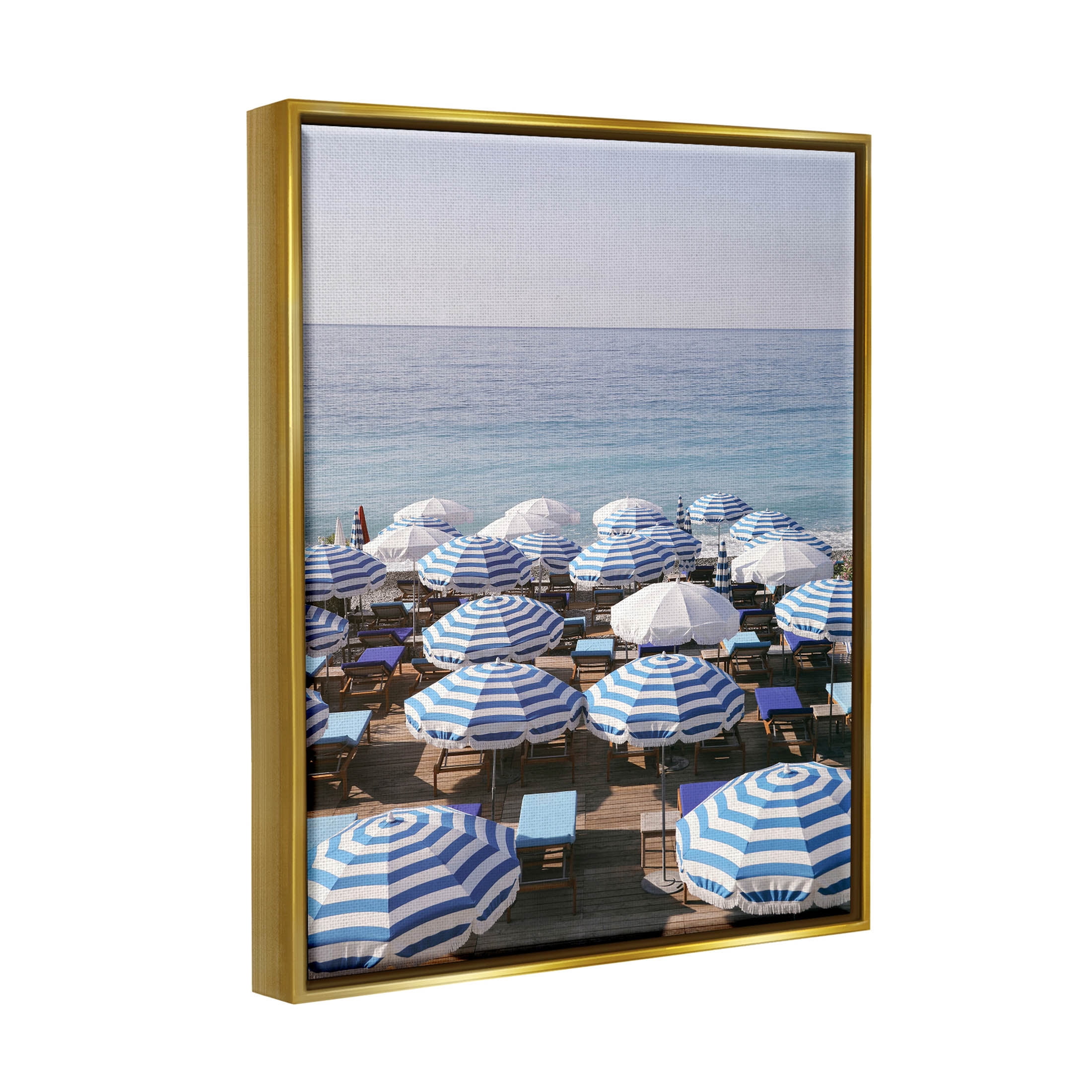 Beach Umbrellas Clear Summer Sky Coastal Photograph Metallic Gold Framed Art Print Wall Art