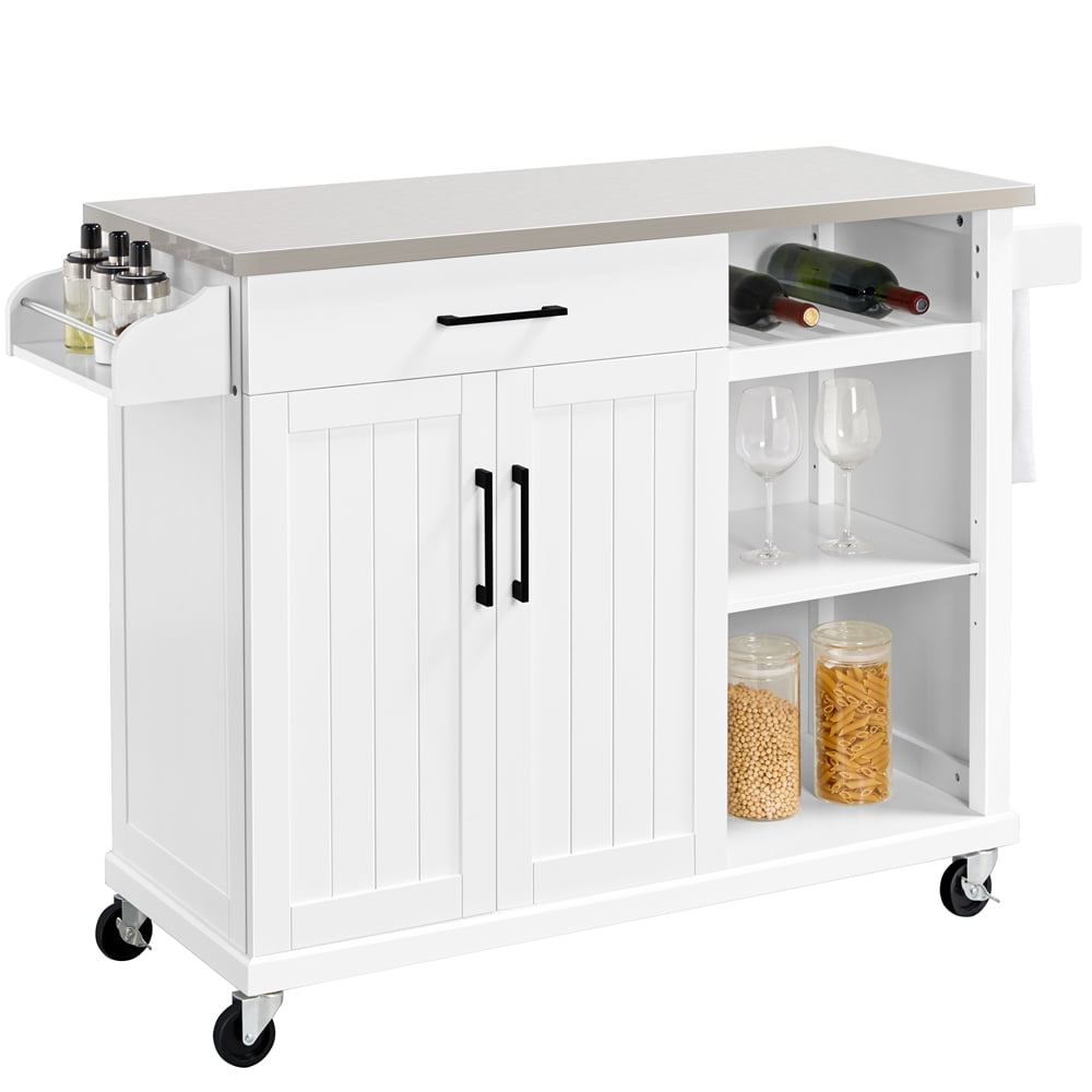 White Yaheetech Kitchen Island Trolley Cart on Lockable Wheels with Storage Cabinet and Drawer for Dining Room Living Room L22xW18xH35 