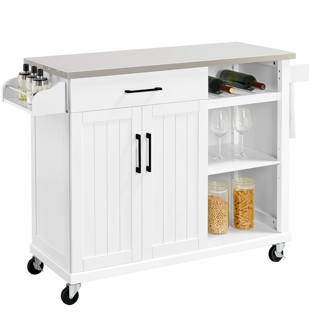 yaheetech stainless steel top kitchen island cart on wheels with drawer and cabinet open shelves wine rack spice rack white