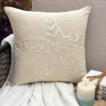 Ecru Pillow case, Starfish Ocean Beach Theme Pillow Cover, 20x20 inch (50x50 cm) Throw Pillow Cover, Floral Mediterranean Throw Pillow Cover, Square Linen, Sea - Starfish Pearls