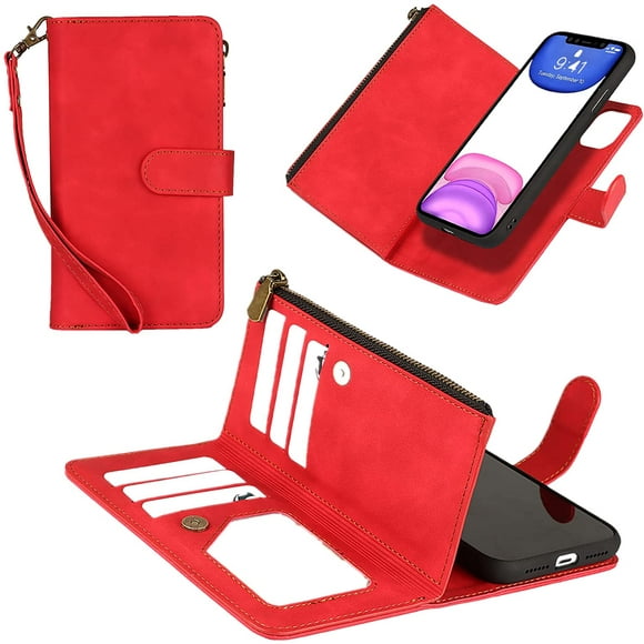 iPhone 11 Wallet Case Detachable 2in1 Magnetic Cover with Card Holder Slots Flip Wristlet Lanyard case for iPhone 11- Red