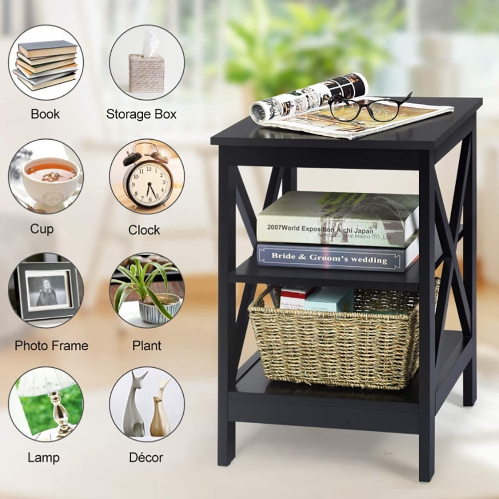 Finihen End Table, 3-Tier X-Design Nightstands with Storage Shelves, Bed Side Tables, for Living Room, Bedroom, Black Finihen End Table, 3-Tier X-Design Nightstands with Storage Shelves, Bed Side Tables, for Living Room, Bedroom, Black