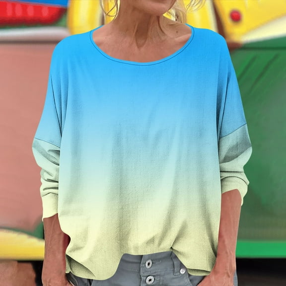 Delliss Womens' Gradient Fashion Tees Casual Crew Neck Long Sleeve T-Shirt Top S-2XL