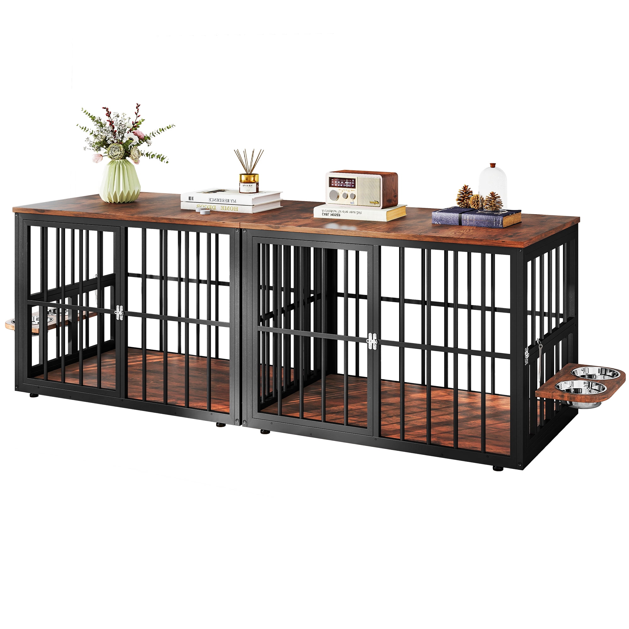Dextrus 88.6" 4-in-1 Large Double Dog Crate Furniture,Heavy-Duty Wooden Dog Kennel with 360° Swivel Bowls & 3 Doors,Dog Crate Furniture TV Stand for 2 Medium/Large Dogs,Brown