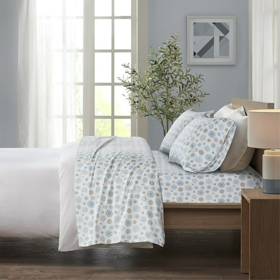 Cozy Flannel Printed Sheet Set - 100% Cotton Flannel, Tan/Blue Snowflakes Design, Soft & Warm Bedding for a Comfortable Nights Sleep, Perfect for Winter Decor