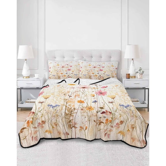 Quilts Full Size, Colorful Wildflower Soft Comforter Bedding Set for Bed, Botanical Vintage Floral Country Retro Lightweight Quilted Bedspread with Pillow Cover(2 Pieces) for All Season, 78x90 Inch