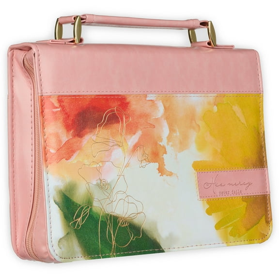 Christian Art Gifts Vegan Leather Fashion Bible Cover Carry Case for Women: His Mercy Never Fails - Lam. 3:22 Inspirational Scripture, Pockets & Pen Storage, Multicolor Watercolor Floral, Pink, Large