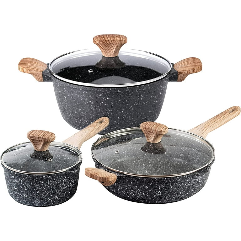 6PC ALUMINIUM SAUCEPAN SET WITH WOODEN HANDLE COOKWARE POT PANS