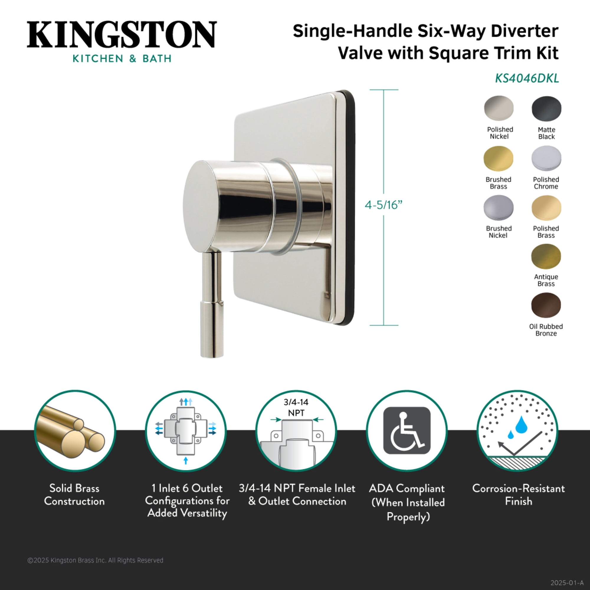 Kingston Brass KS4043DL Concord Single-Handle Six-Way Diverter Valve with Square Trim Kit, Antique Brass