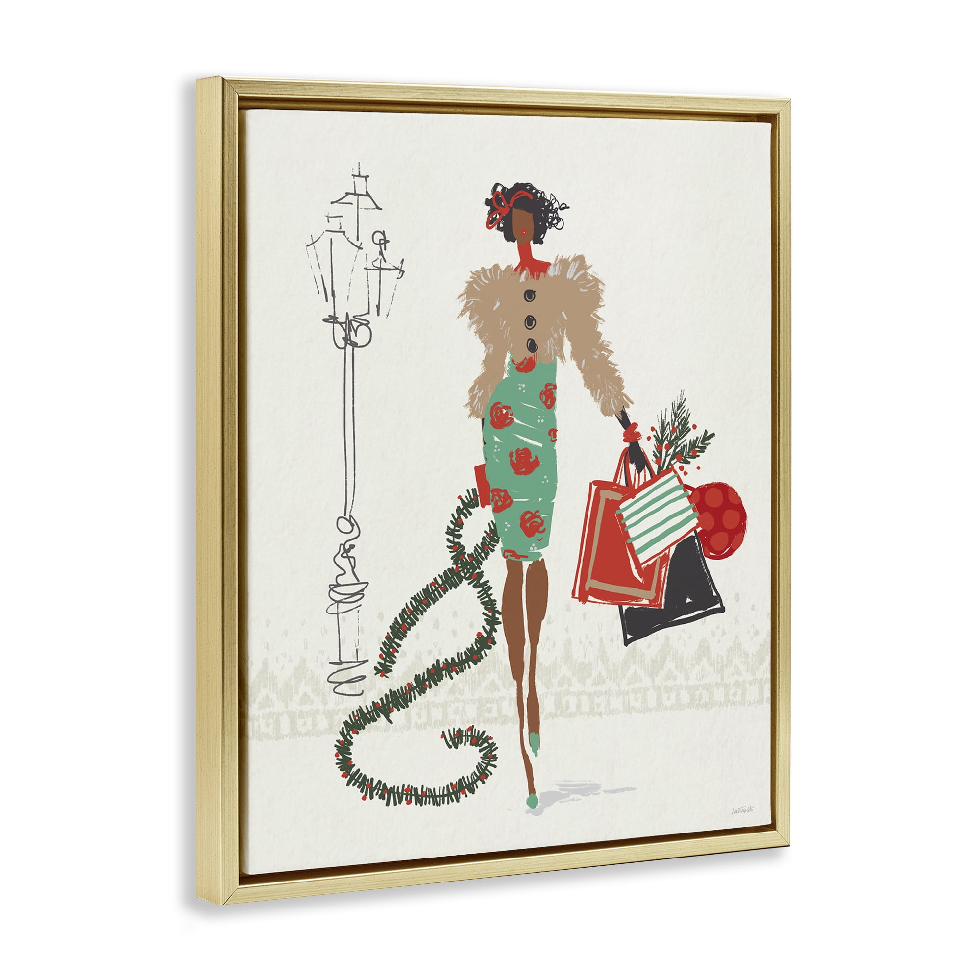 Stupell Industries Festive Shopping Girl Holiday Painting Gold Floater Framed Canvas Art Prints Wall Art, 17 x 21