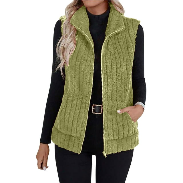 Wensltd Gilet Sans Manches Chaud pour Femmes Léger Couleur Unie Col Rabattu Gilet en Peluche