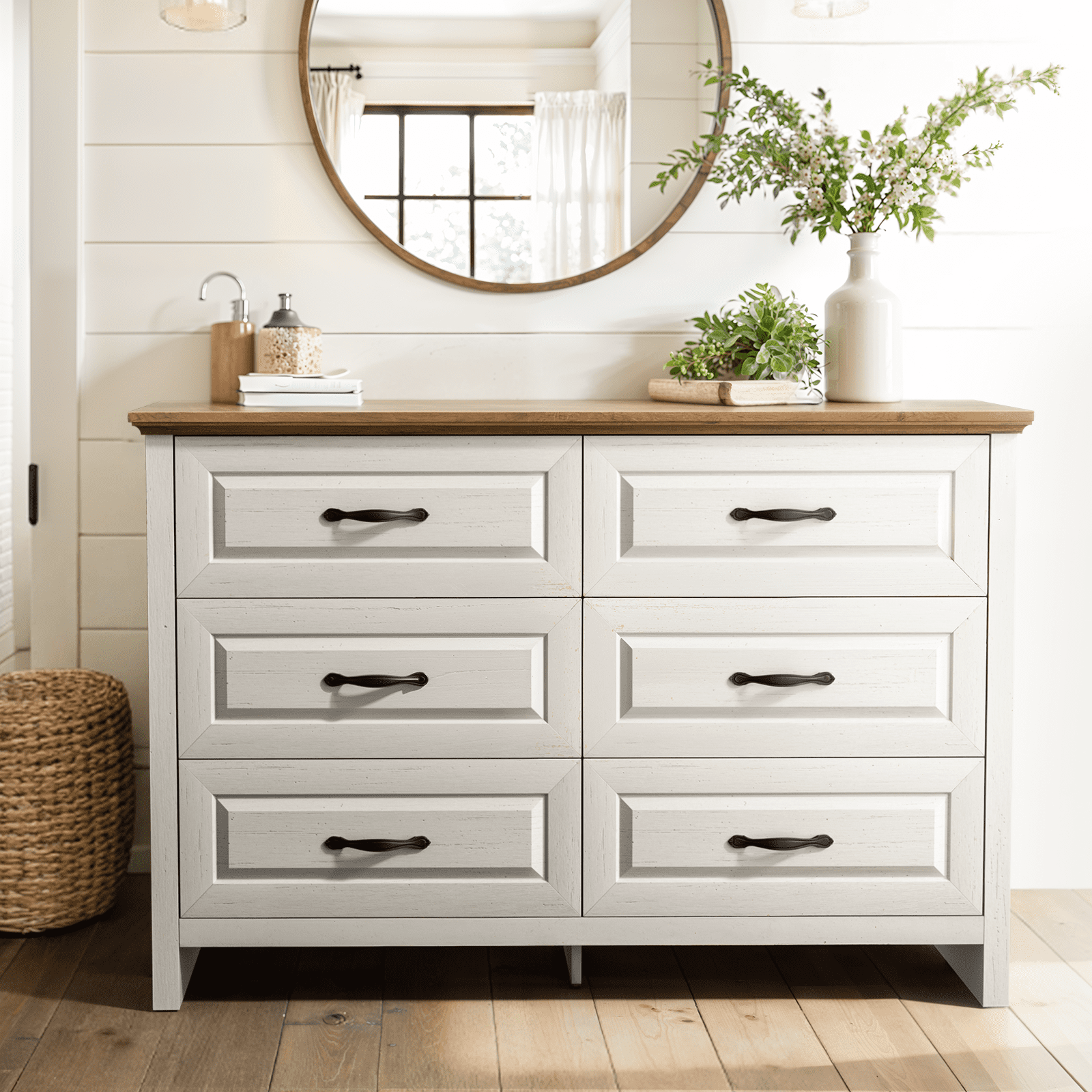 CHITOOMA 6 Drawer Double Dresser, 47.2" Adult Wood Storage Side Cabinet Chest of Drawer for Bedroom Living Room Hallway, White & Brown