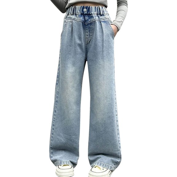 TIREOW Girls Baggy Jeans Elastic High Waist Wide Leg Denim Pants Trendy Solid Color Y2K Streetwear Loose Fit Denim Trousers