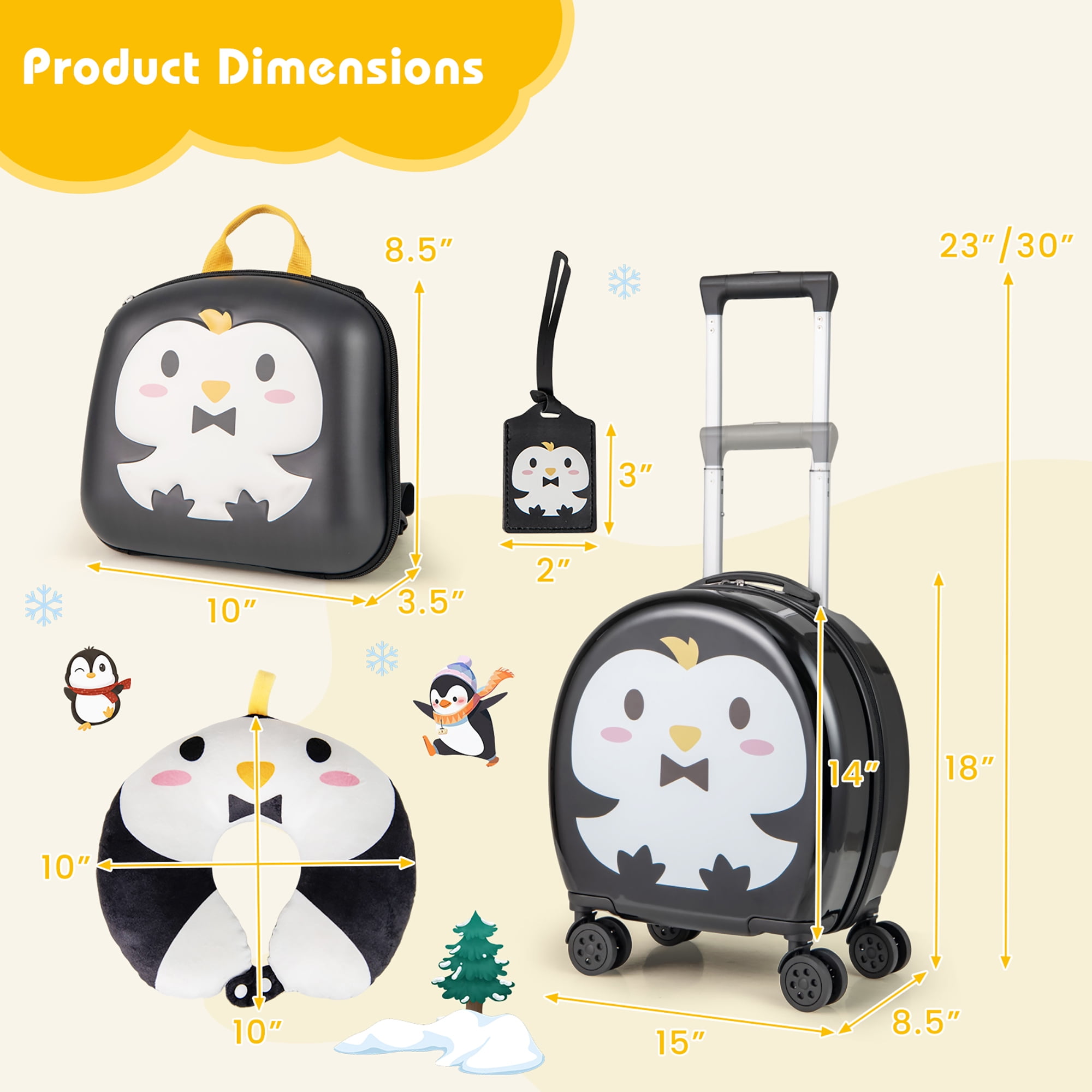 Gymax 4-Piece Kid's Luggage Set w/ 14'' Carry-on Hardside Spinner Toddler Luggage Black