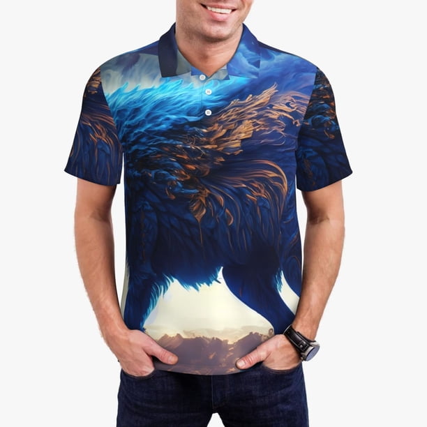 Fotbe Moonlit Blue Wolf Camiseta Polo de Golf para Hombre con Estampado – Camisa Deportiva Transpirable con Cuello Abotonado-Medium