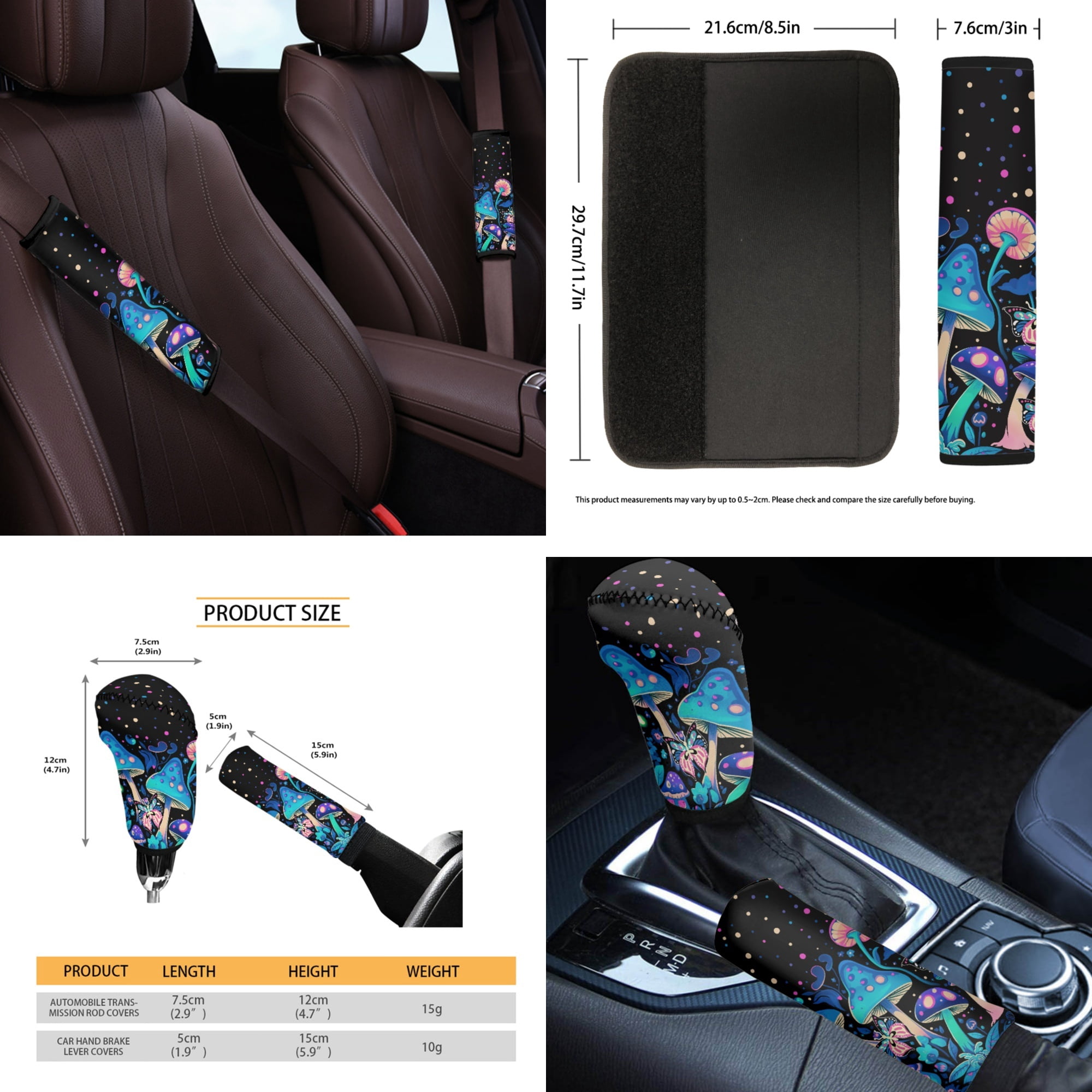Yuyamidu Blue Mushroom Car Front Back Seat Covers Butterfly Steering Wheel Cover Seat Belt Pad Garbage Bin Armrest Cover Pad Rearview Mirror Cover Handbrake Cover Set Coasters, Set of 14