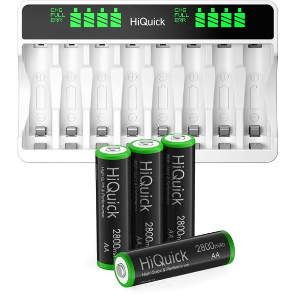 HiQuick 4x Rechargeable AA Batteries 2800mAh 1.2V NiMH with 8 Bay LCD Battery Charger for Ni-MH Ni-CD AA AAA