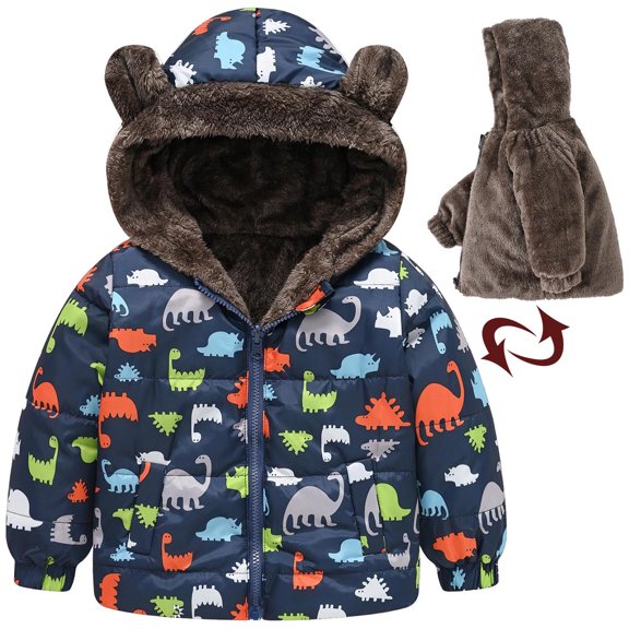 ATOGUTA Toddler Girl Coat Dinosaur Print Plush Cute Winter Thick Windproof Keep Warm Hooded Coat Jacket Orange, Size 12M-5T