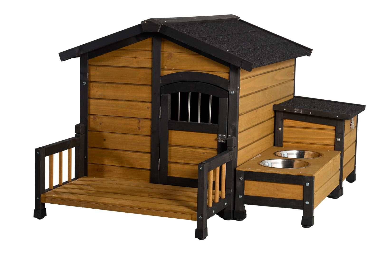 Large Wooden Dog House with Storage Box and Feeding Station, Outdoor Pet Kennel with Asphalt Roof, Porch, and Lockable Door Weatherproof Fir Wood Dog Home for Small to Medium Dogs