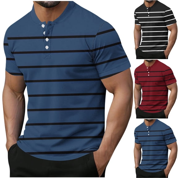 Mens Striped Short Sleeve Henley Shirts Pique Mesh Quick Dry Moisture Wicking Band Collar Golf T-Shirts Athletic Workout Tops Business Casual Father's Day Gift