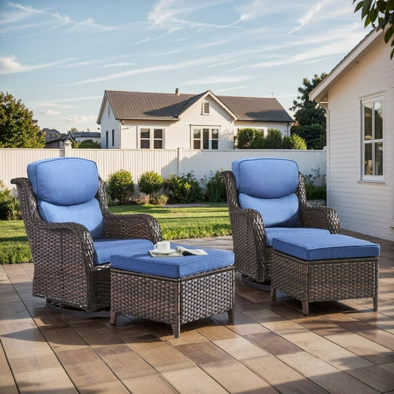 Gymojoy 4 Pieces Outdoor Patio Wicker Furniture Conversation Set All Weather High-Back Outdoor Swivel Chairs Patio Glider with Ottoman for Backyard