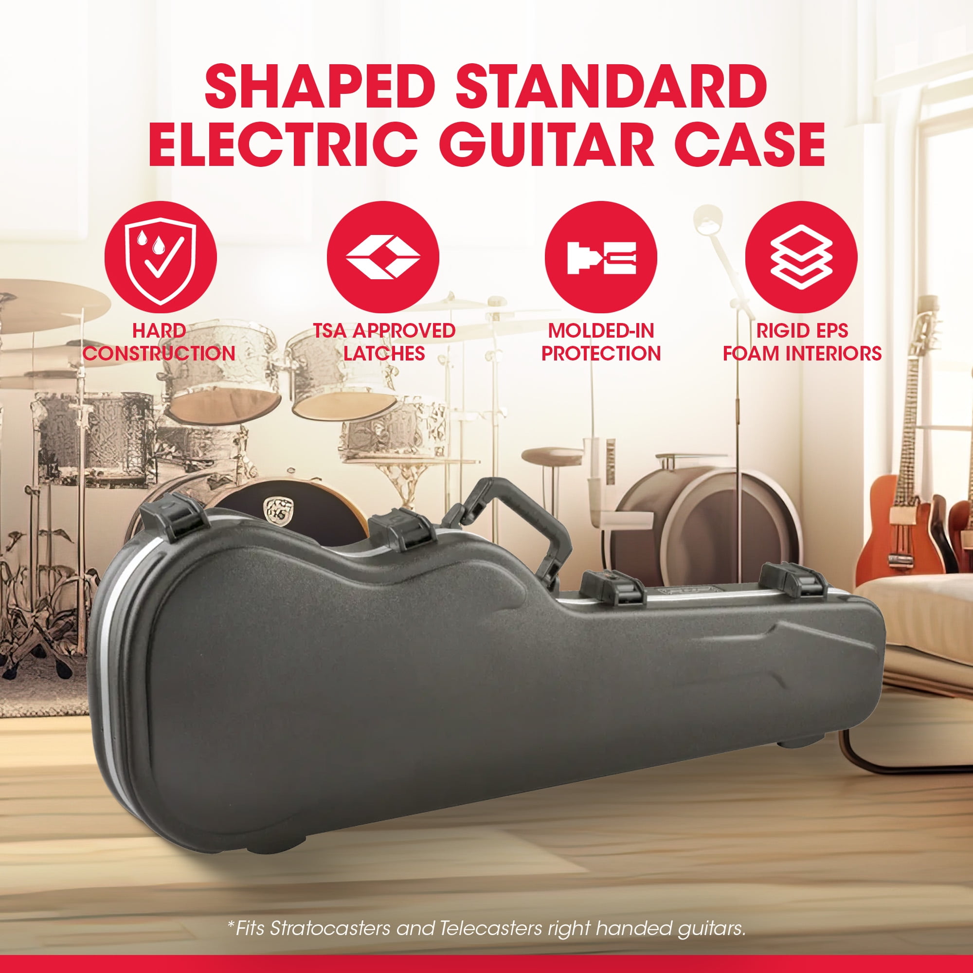 SKB Cases Shaped Standard Electric Guitar Hardshell Case with TSA Latch, Over-Molded Handle, and Oversized Compartment for Stratocaster and Telecaster Right-Handed Guitars