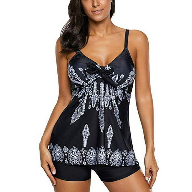 Women Floral Tankini Tummy Control Swimwear Tank Top Retro Printed