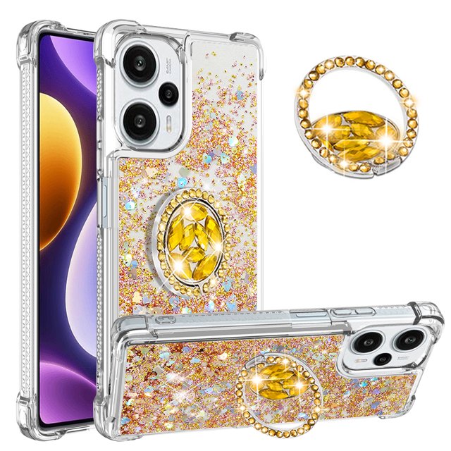 Funda para Xiaomi POCO F5 5G con Brillo Líquido Flotante, Purpurina, Parachoques y Anillo Giratorio Soporte