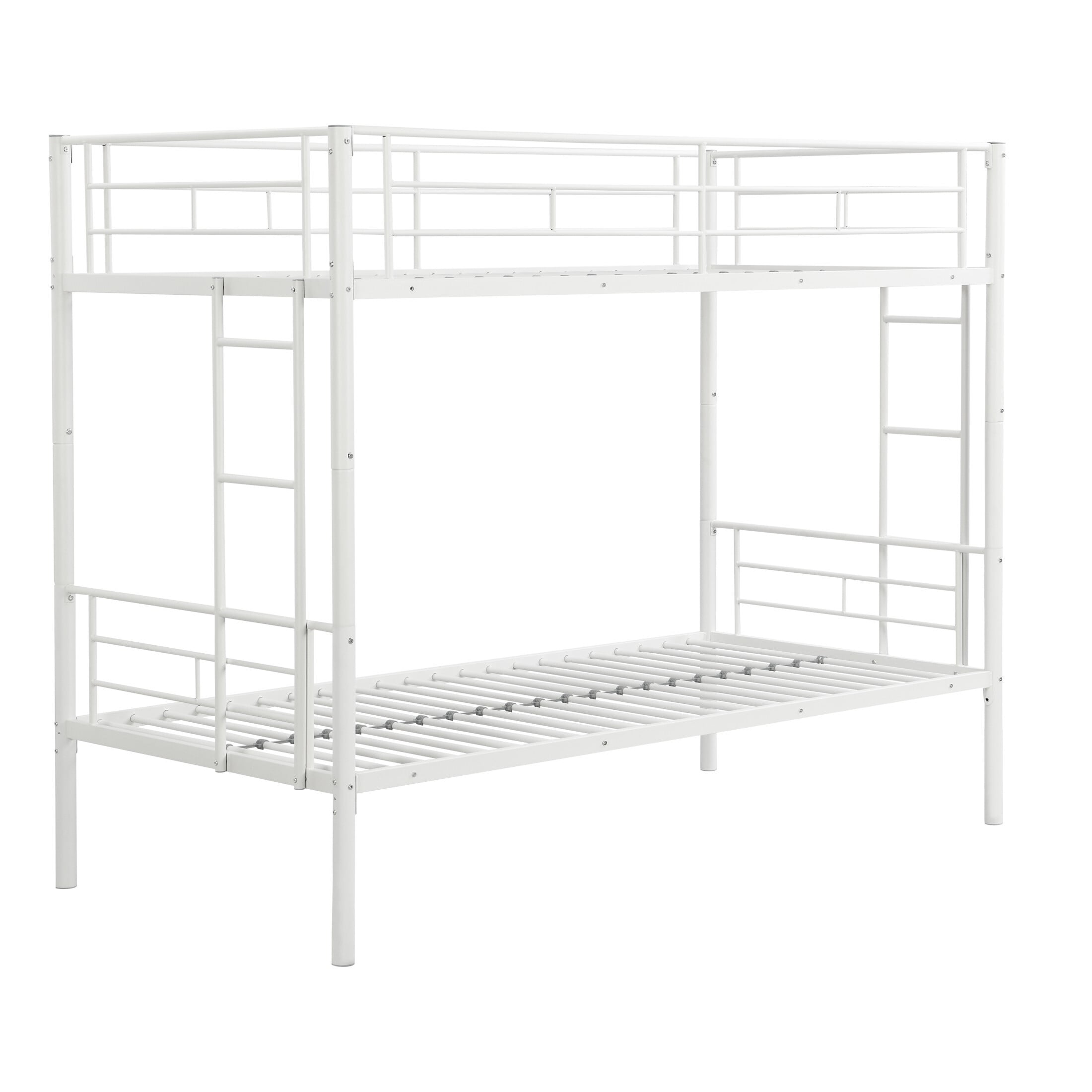 DEALTOPS Metal Bunk Bed Twin Over Twin, Durable Bunk Bed with Ladder and Full-Length Guardrail, White