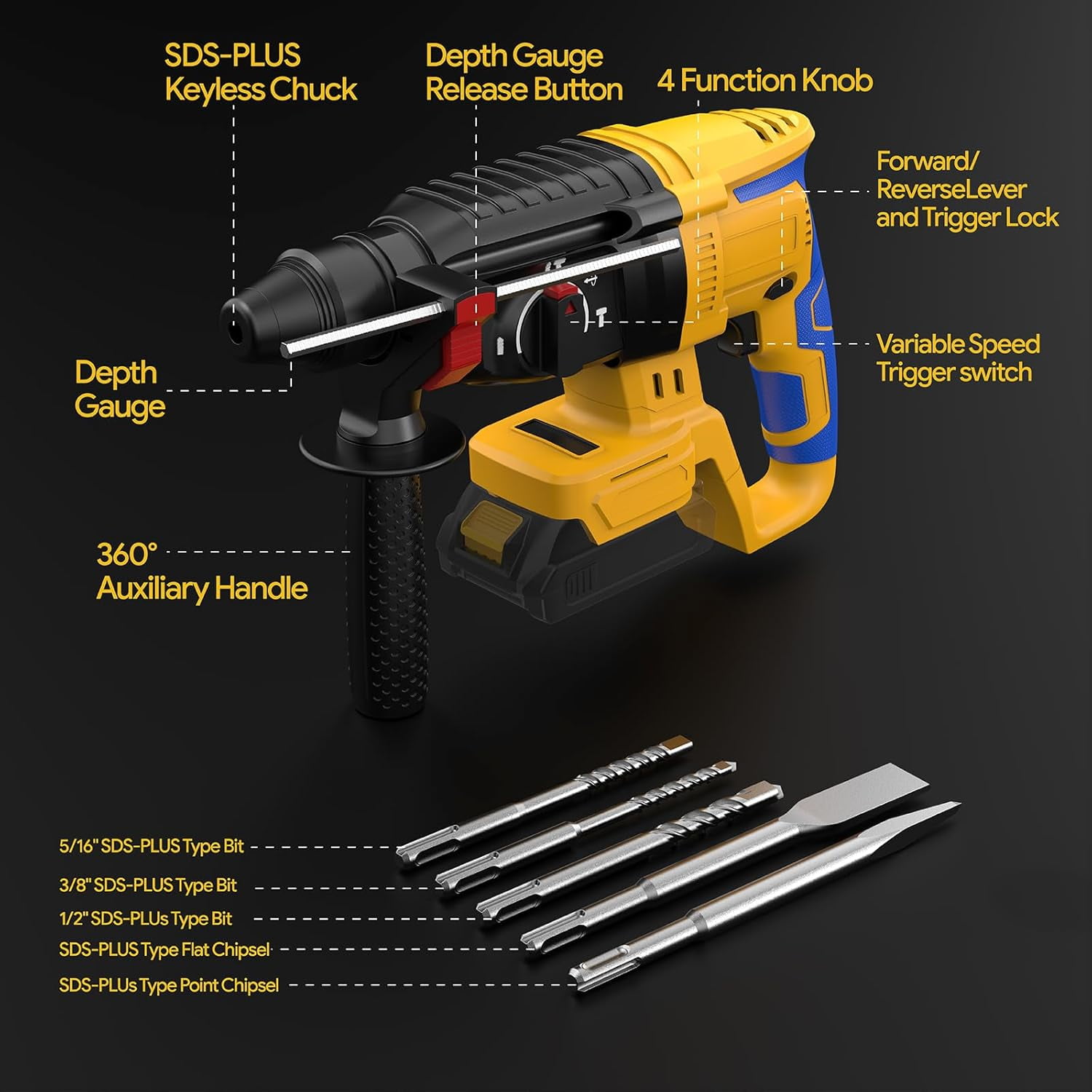20V SDS-Plus Cordless Rotary Hammer Drill Compatible with Dewalt Battery(NO Battery), Brushless Motor,Safety Clutch,1000RPM,4 Functions with 5 Drills and Carrying Case for Concrete/Masonry/Wood/Metal