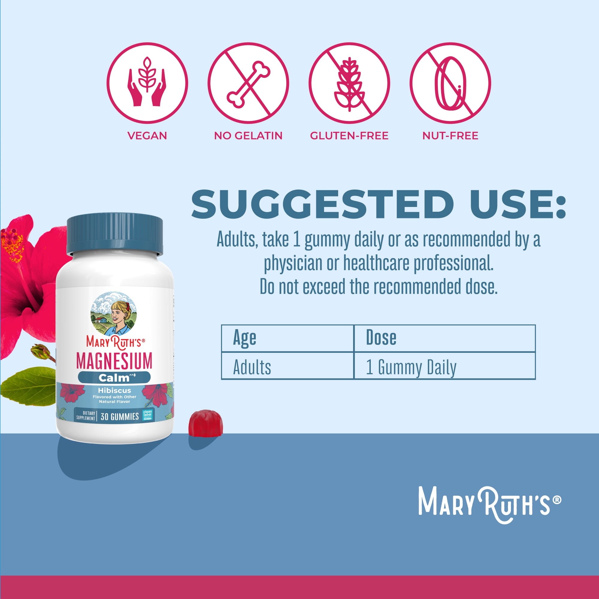 (2 pack) MaryRuth Organics Adult Magnesium Calm Gummies for Bone and Joint Health, Mineral Supplements, Hibiscus, 30 Count
