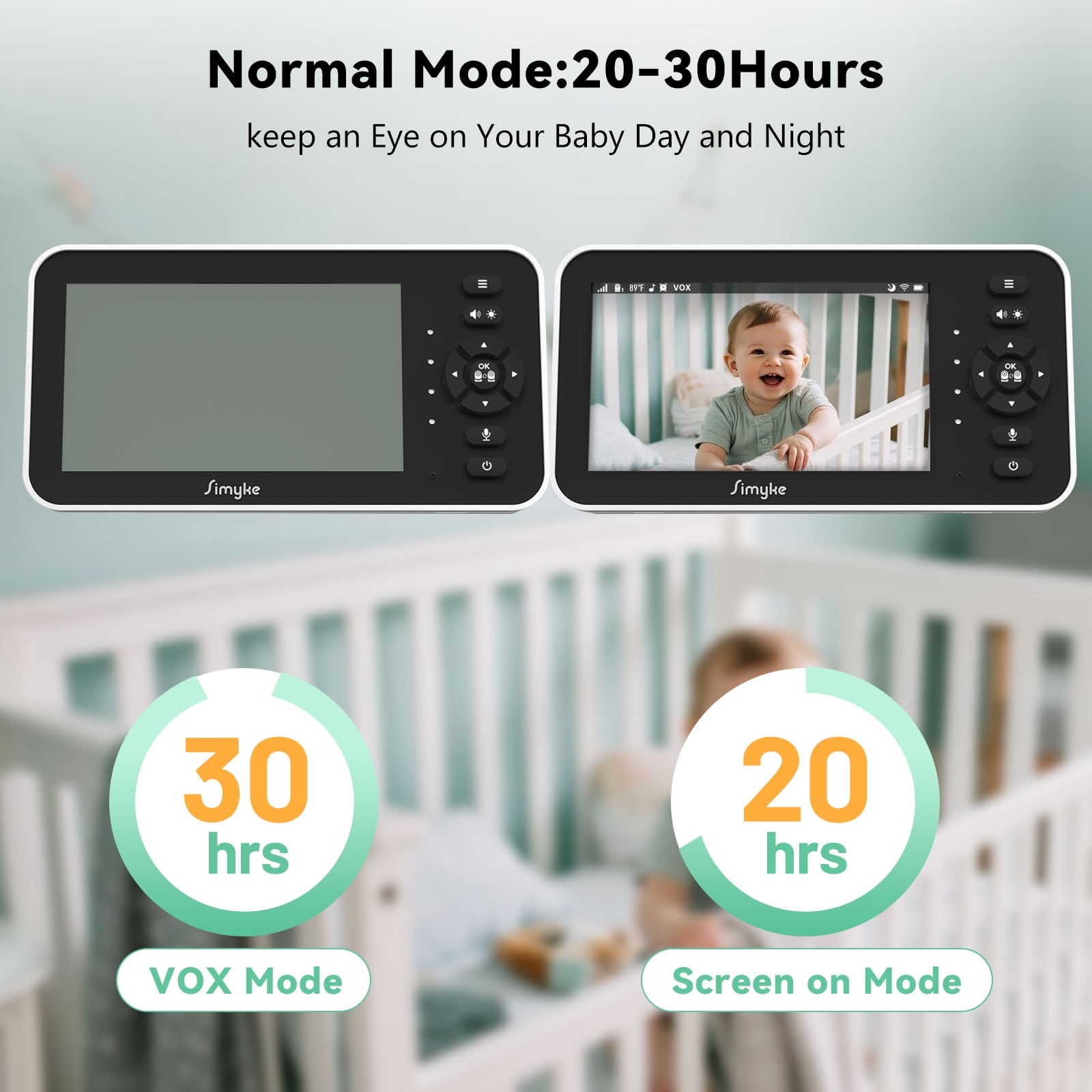 Simyke Video Baby Monitor with Camera and Audio,5'' IPS Screen,720P HD,App,Remote Pan/Tilt/Zoom Camera,Lullabies,Feeding Remind,HD Night Vision, VOX,2-Way Talk,Triple Security,1500ft Long Range