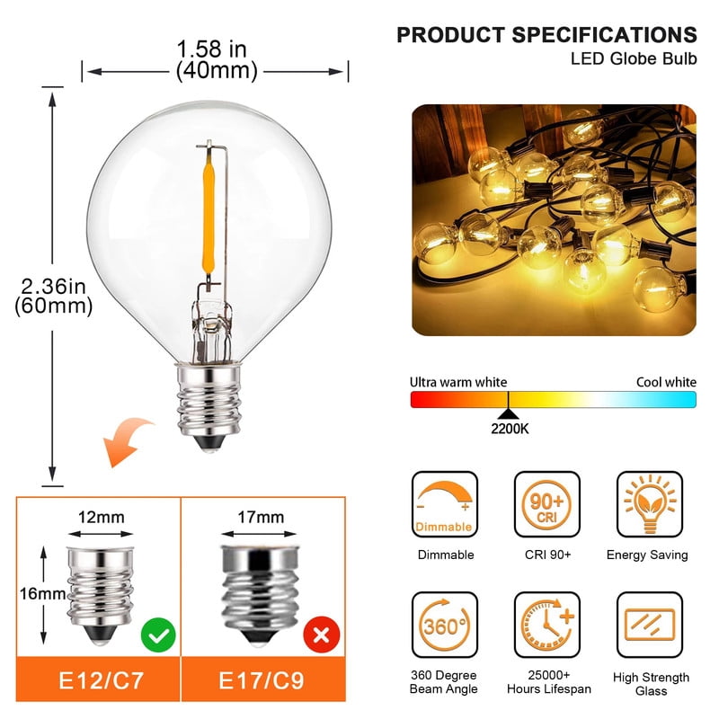 G40 LED Light Bulbs 1W E12 Base, 2200K Ultra Warm Yellow, Dimmable LED Globe Bulb for Vintage Lamps & Decorative Fixtures, 25Pack