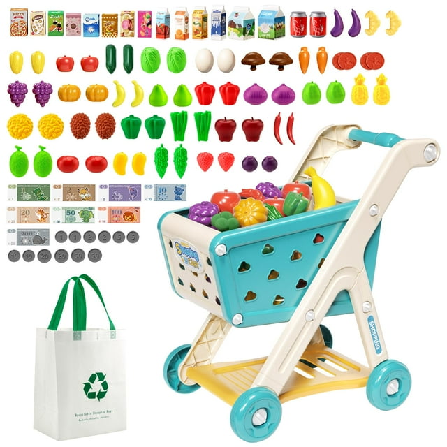 Set de carrito de compras para niños Jovow con comida simulada para niños, tamaño 3+