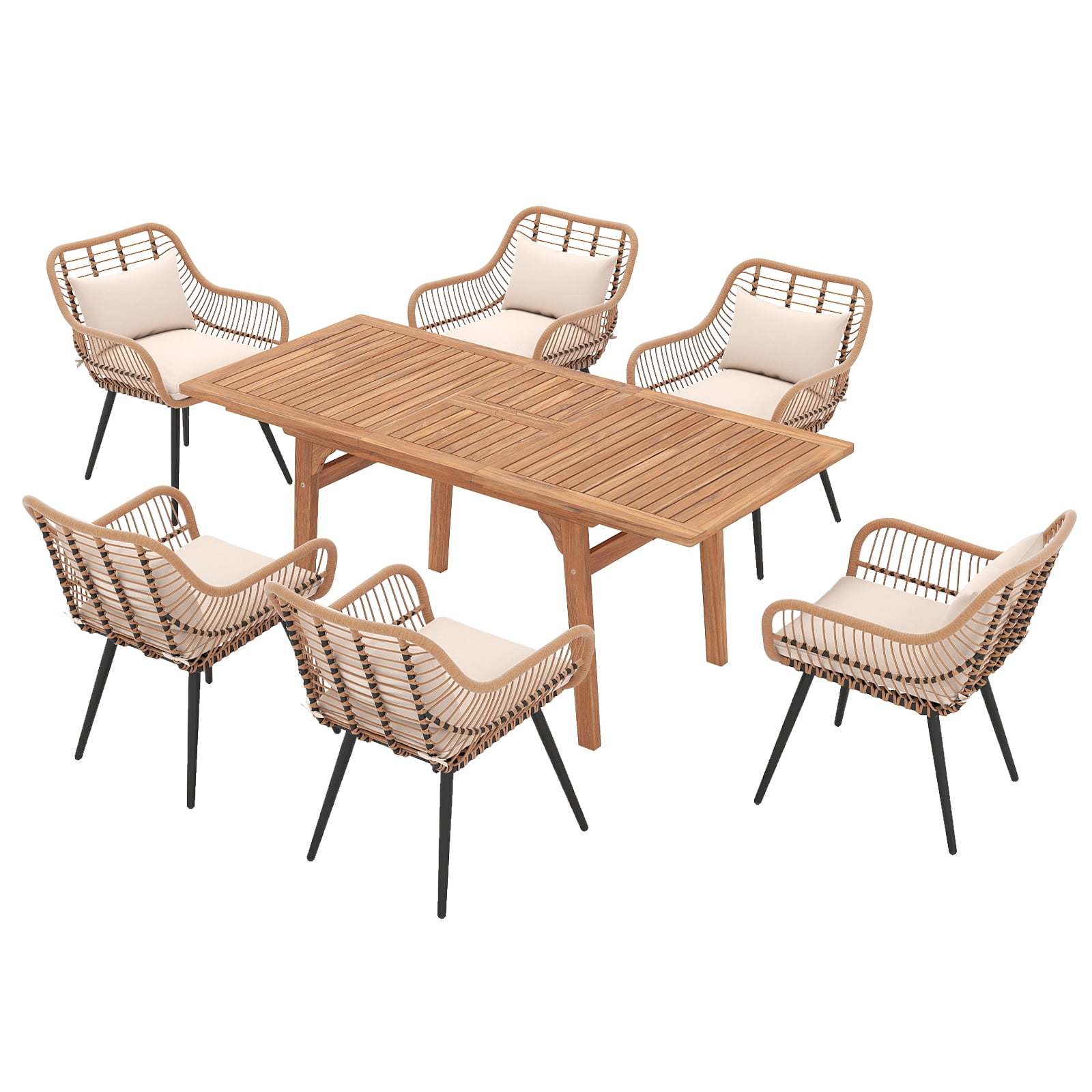 Outdoor Dining Set for 6, Extendable Wooden Table with Wicker Patio Chairs, 7-Piece Patio Outdoor Furniture Set for Deck, Garden, Backyard, Creamy White