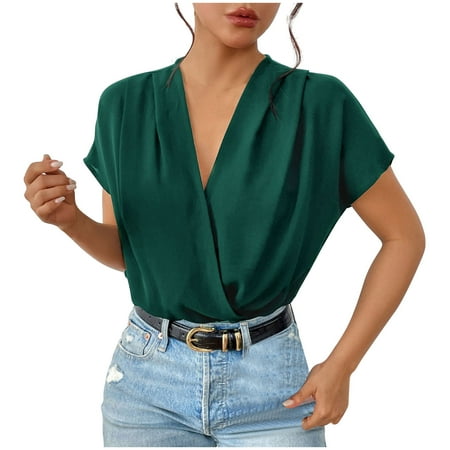 Women All In One Jumpsuits Deep V Neck Short Sleeve Elegant Playsuit Baggy Casual Thong Romper Bodysuit Women s Summer Dressy Loose Cosy One Piece Onesize Outfit