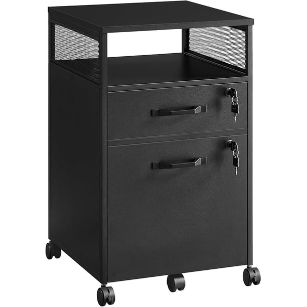 VASAGLE Archivador Móvil con 2 Cajones, Archivador de Oficina con Ruedas, 44 x 42 x 69 cm, Estilo Industrial, Negro Tinta