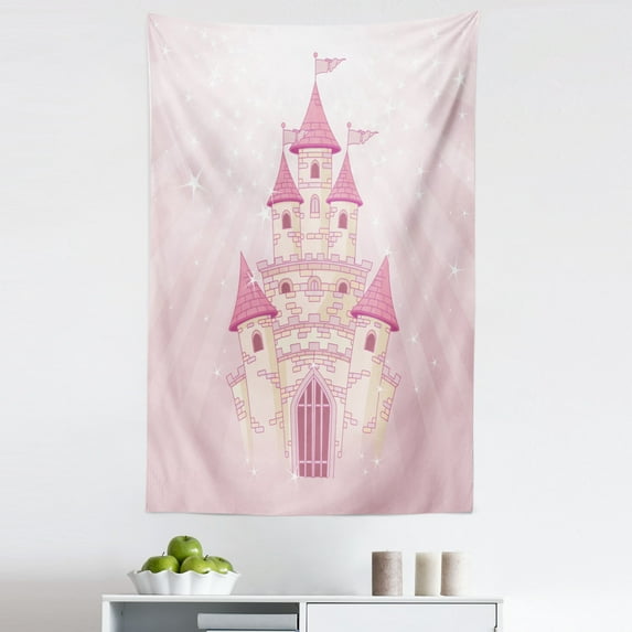 Castle Tapestry, Wonder Tale Cartoon Fortress Palace Cartoon Fun Illustration, Fabric Wall Hanging Decor for Bedroom Living Room Dorm, 5 Sizes, Rose and Pale Mustard, by Ambesonne