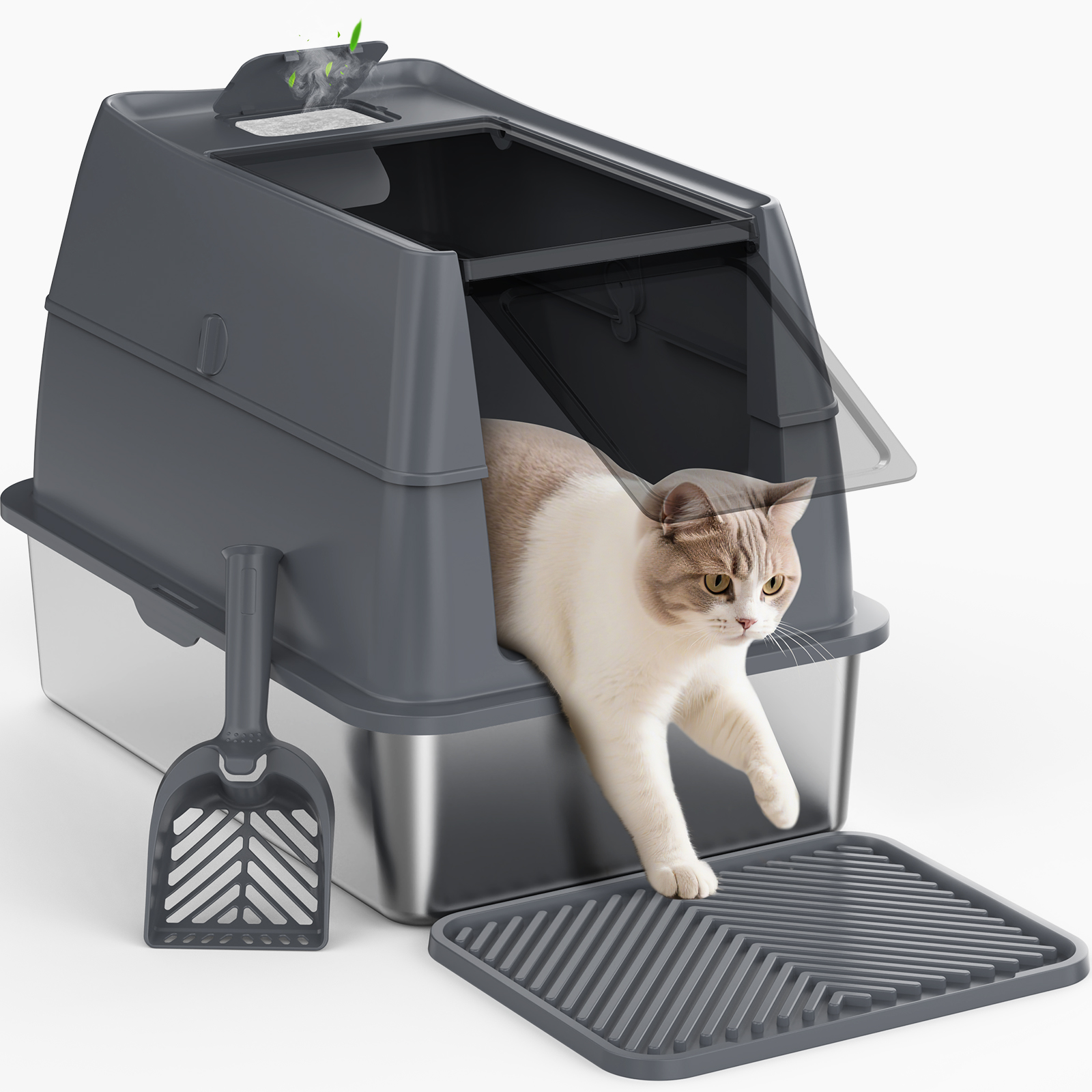 XL Extra Large Stainless Steel Litter Box with Lid, Metal Cat Litter Boxes for Big Cats Enclosed, Metal Litter Box with Litter Scoop Set, Non-Sticky, Anti-Urine Leakage, 24"*16"*18", Dark Gray