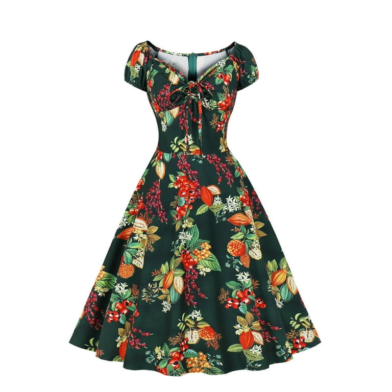 Vintage 1950s Dress for Women Long Sleeve Party Prom Dress V Neck Floral Print Short Sleeve Swing Midi Dresses