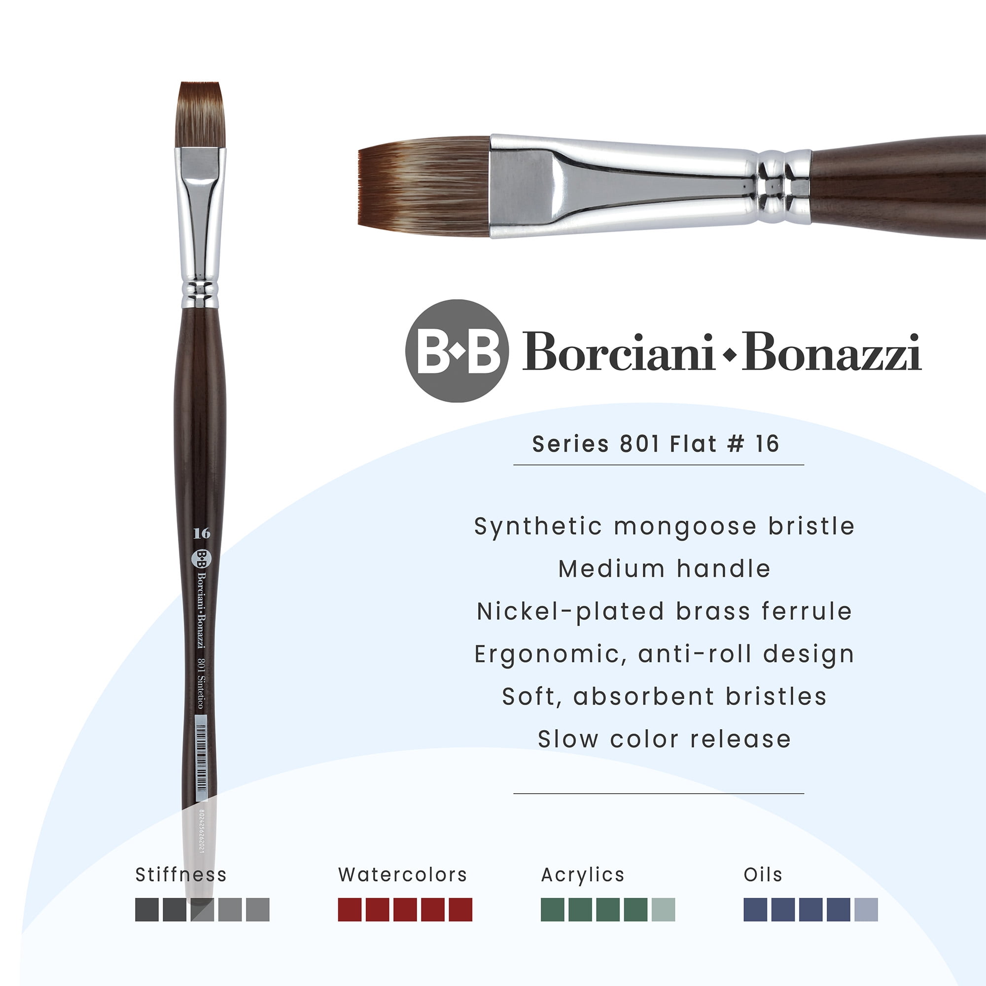 Borciani e Bonazzi Unico Synthetic Mongoose Artist Paint Brush - Series 801 Flat - Size #16 - Watercolors, Oil & Acrylic Paint - Handcrafted in Italy, Anti-Roll Design, Ergonomic Medium Handle
