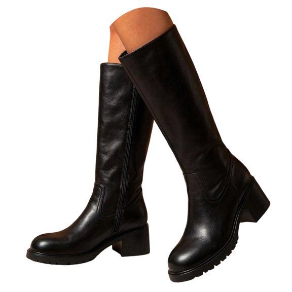 Pandaie Womens Knee High Boots Faux Leather Mid Heel Round Toe Wide Calf Tall Dress Boots Fall Winter Fashion Casual Riding Shoes