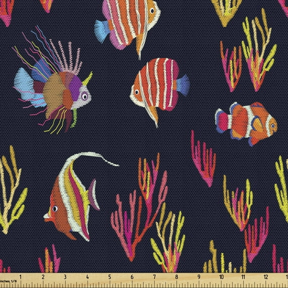 Underwater Fabric by the Yard, Watercolor Style Inspired Sea Fish with Coral Reef Ocean Creatures, Decorative Upholstery Fabric for Chairs & Home Accents, Multicolor by Ambesonne