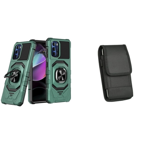 Case with Belt Holster Bundle for Moto G 5G 2022: Heavy Duty Shield Cover (Midnight Green) and Vertical Nylon Phone Pouch