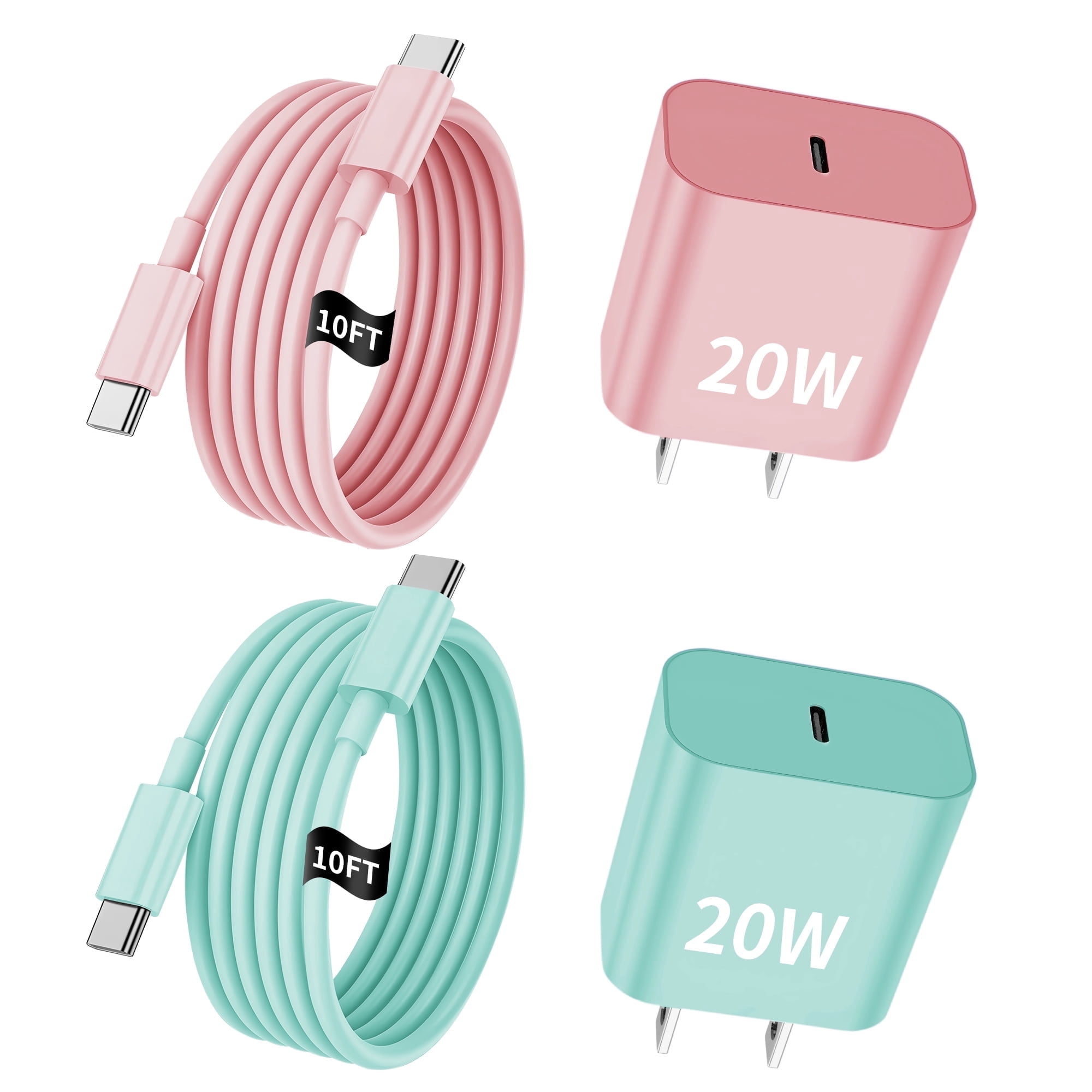 for iPhone 17/16/15 Charger,2Pack 10FT USB C to C Charging Cable Cord with 2Pack 20W Fast Charger Block Compatible with iPhone 17/17 Pro/17 Pro Max/Air/16/16 Pro/16 Pro Max/16 Plus/15,Pink+Green